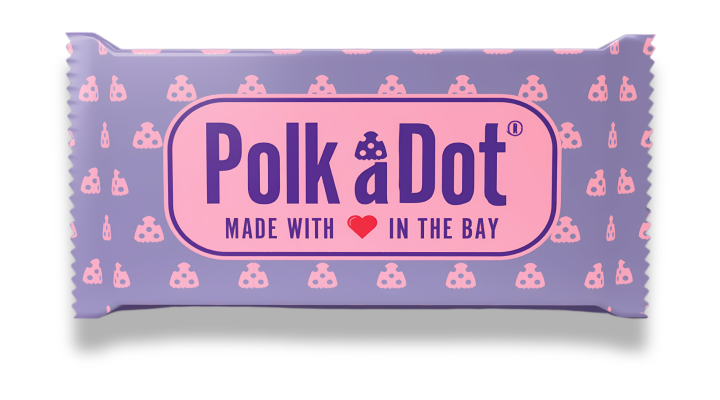 Official PolkaDot™ mushroom chocolate bar packaging with raised braille texture — authentication feature